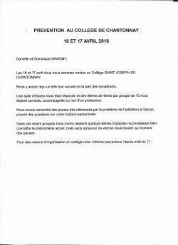 prevention collège de Chantonnay 16 et 17 avril 2018