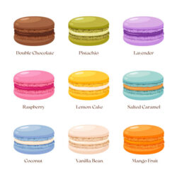 Macarons dessert with different flavors and names isolated on white background